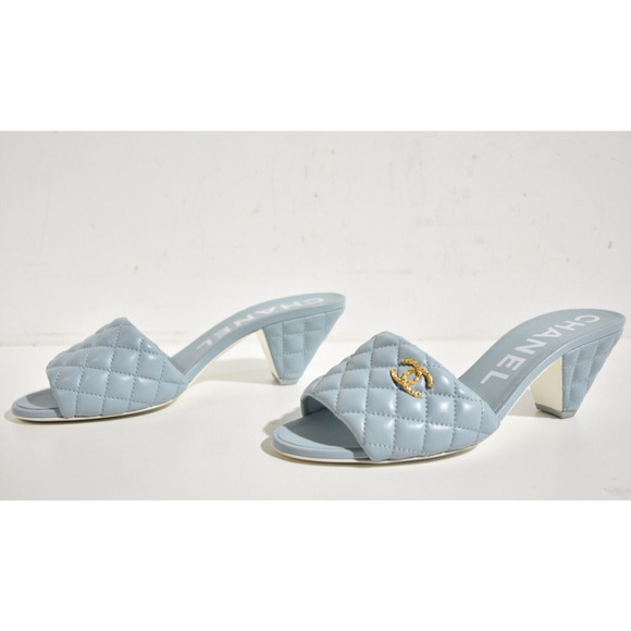 Chanel 22P Blue Lambskin Quilted CC Gold Logo Cone Heel Mule Slide Sandal 41.5 - Picture 10 of 12